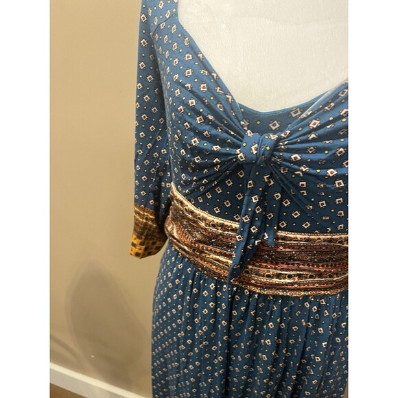 Maeve Anthropologie Teal Gold Border Print Knit Dress Sz M Hippie Boho Western - Picture 3 of 12
